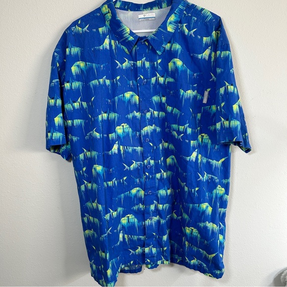 Columbia PFG Fishing Button Front Vented Shirt Men's Size 2xl Blue Sharks - Picture 2 of 12